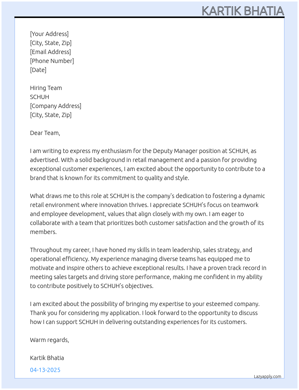 Deputy Manager At SCHUH Cover Letter