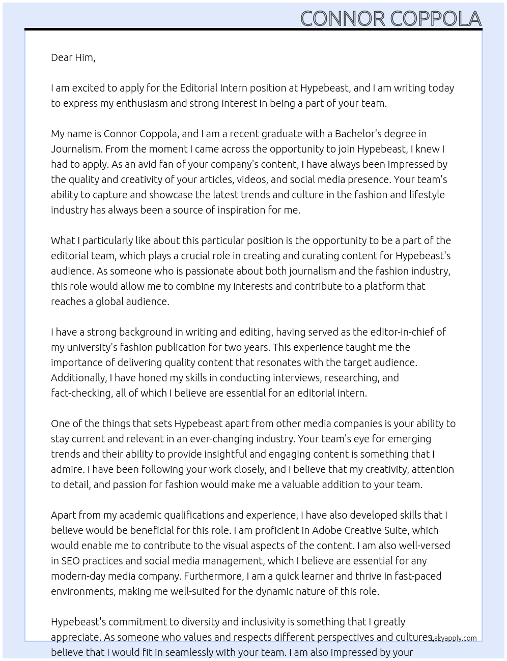Editorial Intern At Hypebeast Cover Letter