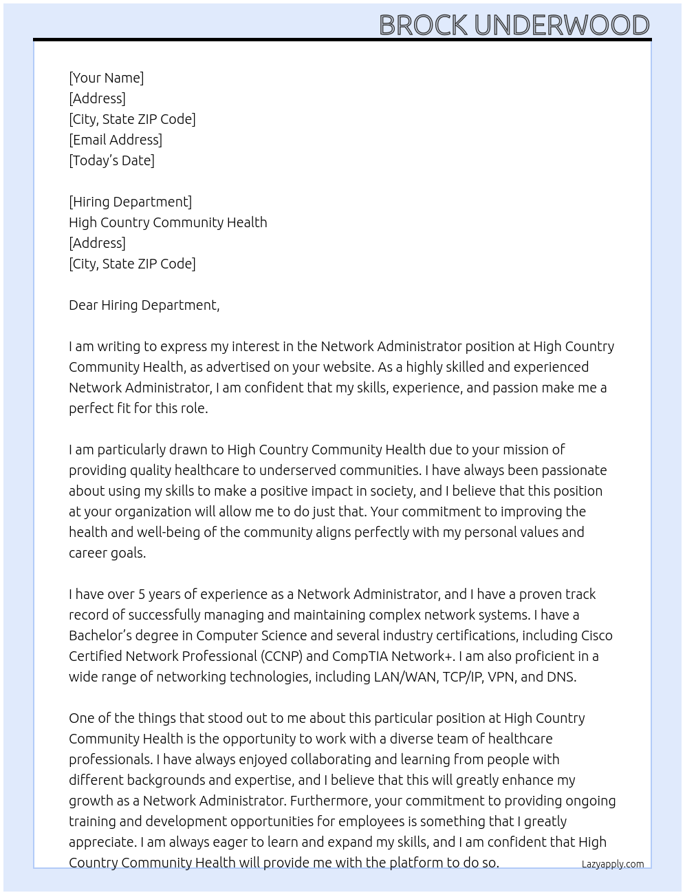 Network Administrator At High Country Community Health Cover Letter