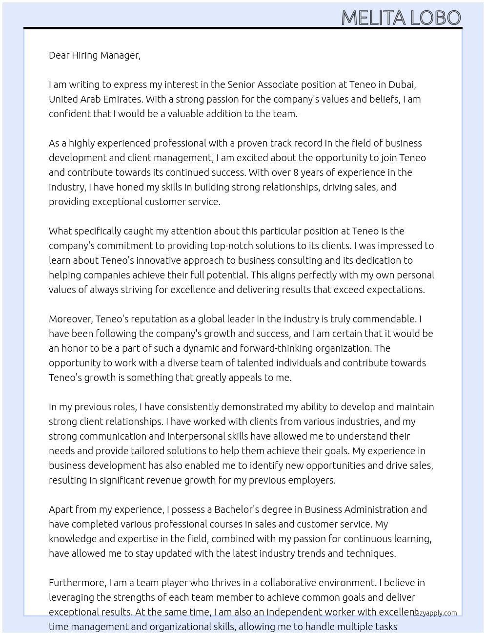 Senior Associate At Teneo Cover Letter