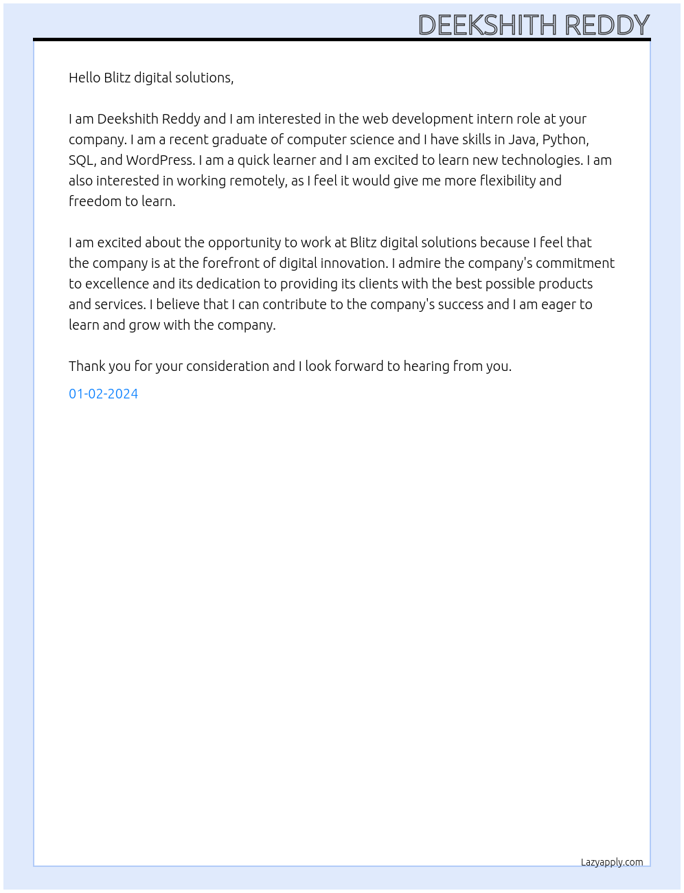 Web development At Blitz digital solutions Cover Letter