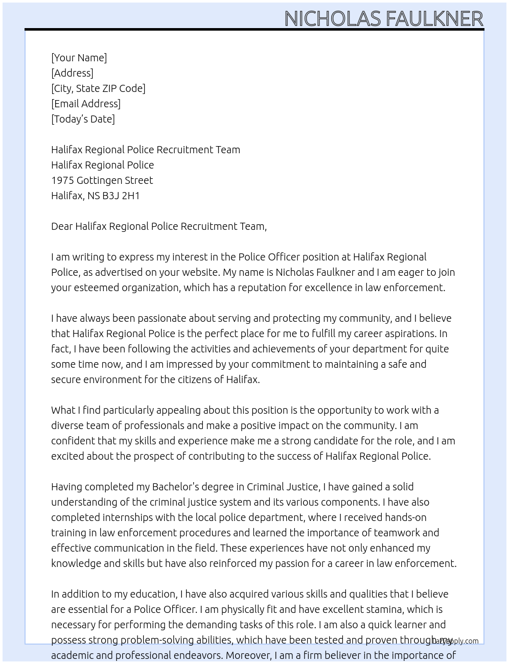 Police Officer At Halifax Regional Police Cover Letter