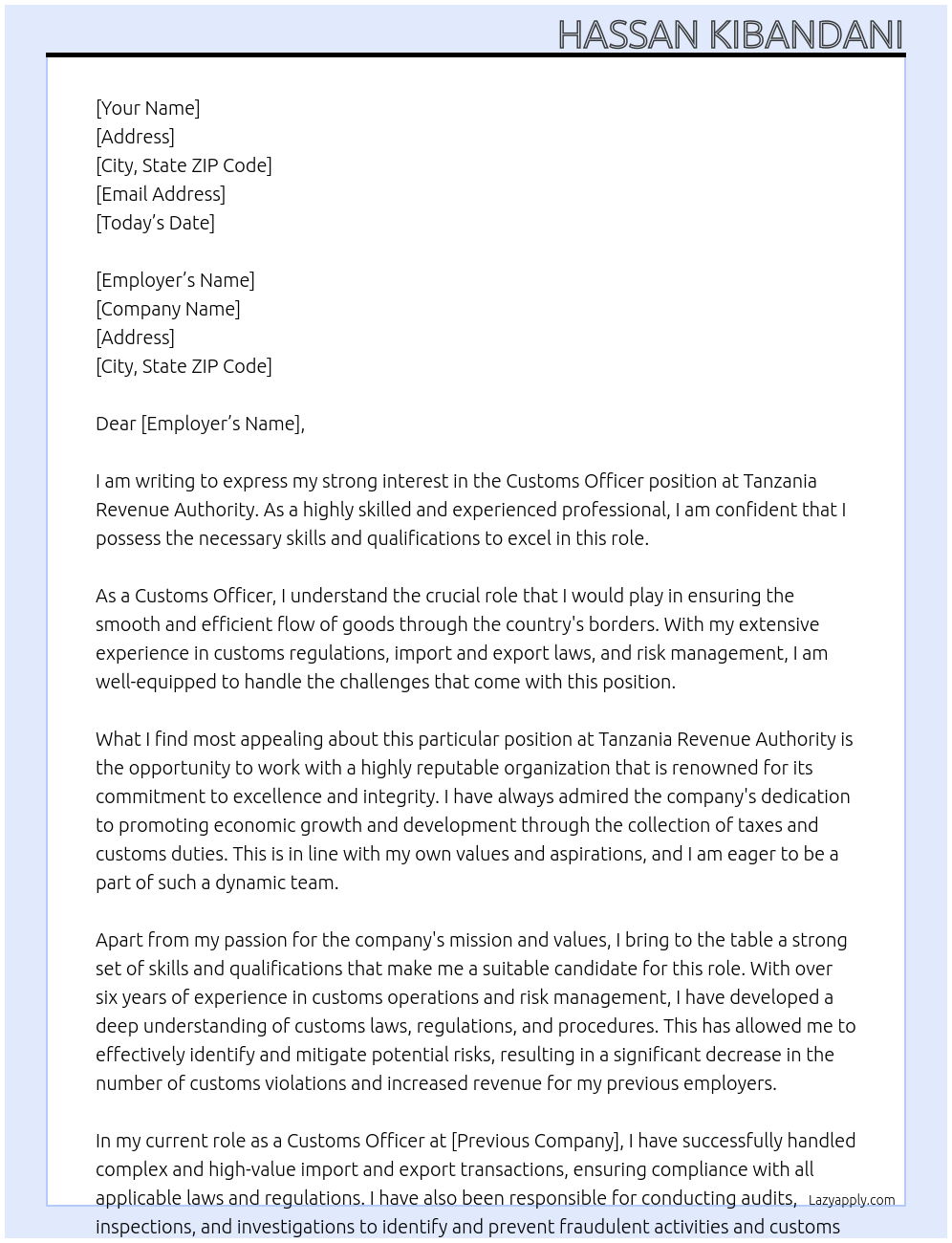 CUSTOMS OFFICER At TANZANIA REVENUE AUTHORITY Cover Letter
