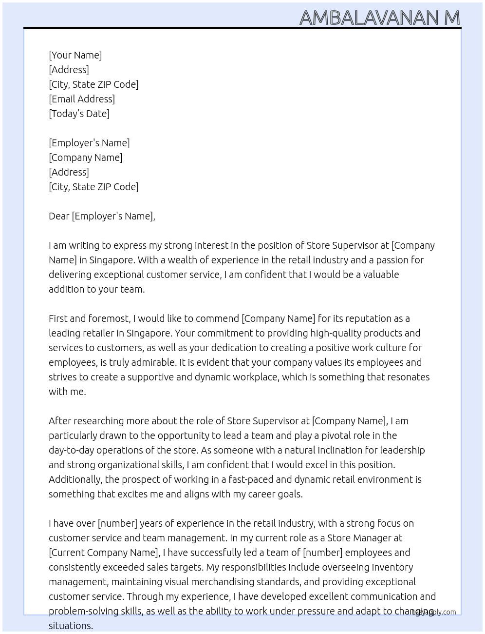 Store supervisor At Singapore Cover Letter