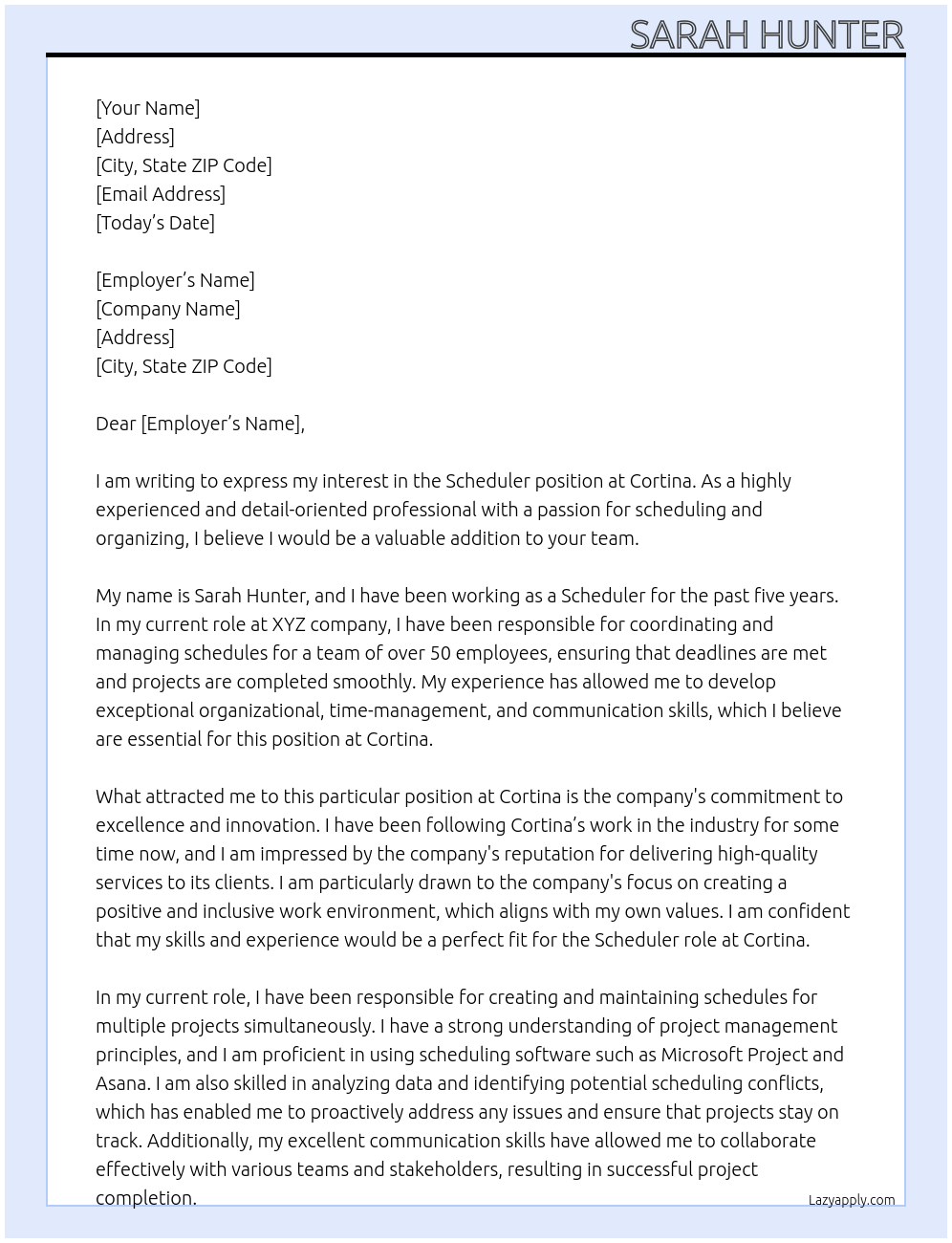 Scheduler At Cortina Cover Letter