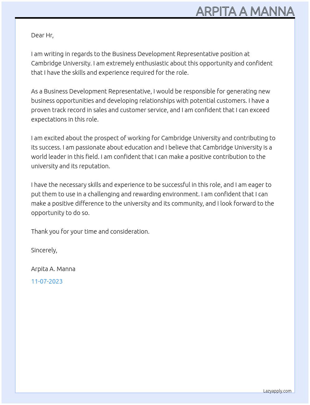 Business Development Representative At Cambridge University Cover Letter