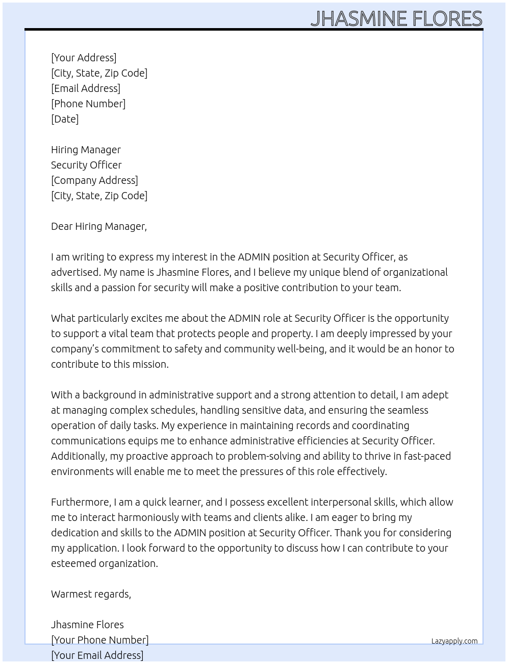 ADMIN At SECURITY OFFICER Cover Letter