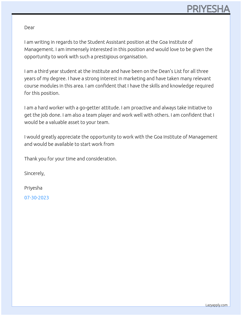 Student Assistant At Goa Institute of Management  Cover Letter