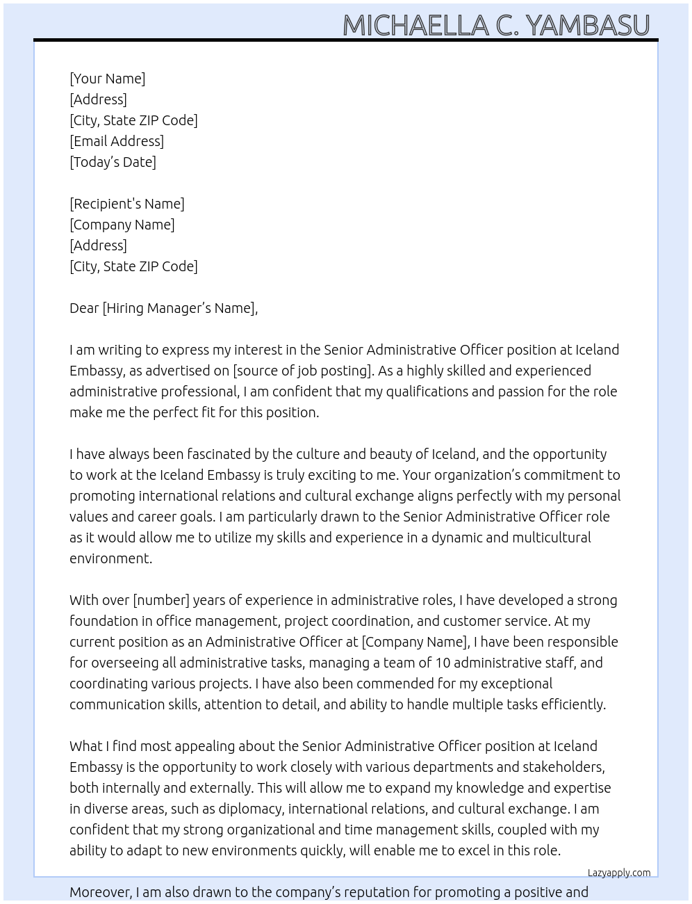 Senior Administrative officer At Iceland Embassy Cover Letter