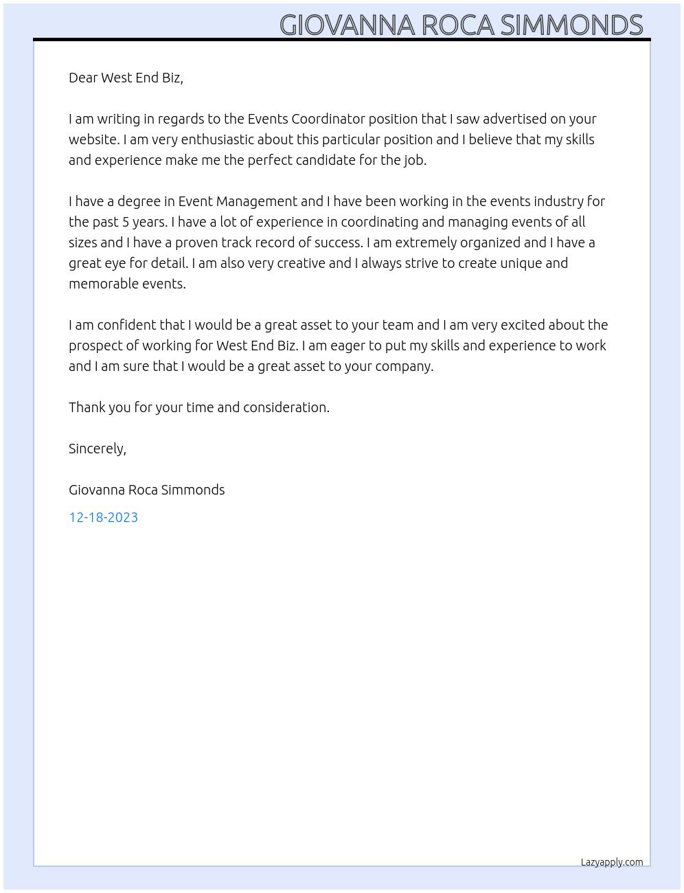 Events Coordinator At West End Biz Cover Letter