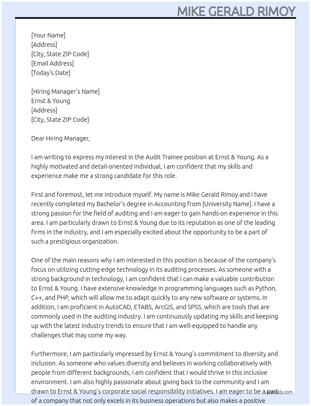 Audit Trainee At Ernst & Young Cover Letter