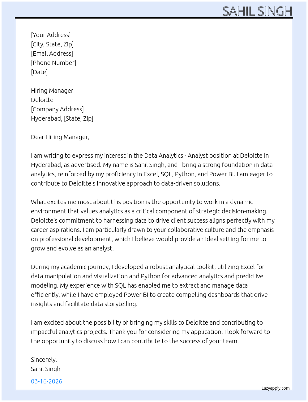 Data Analytics - Analyst  At deloitte Cover Letter