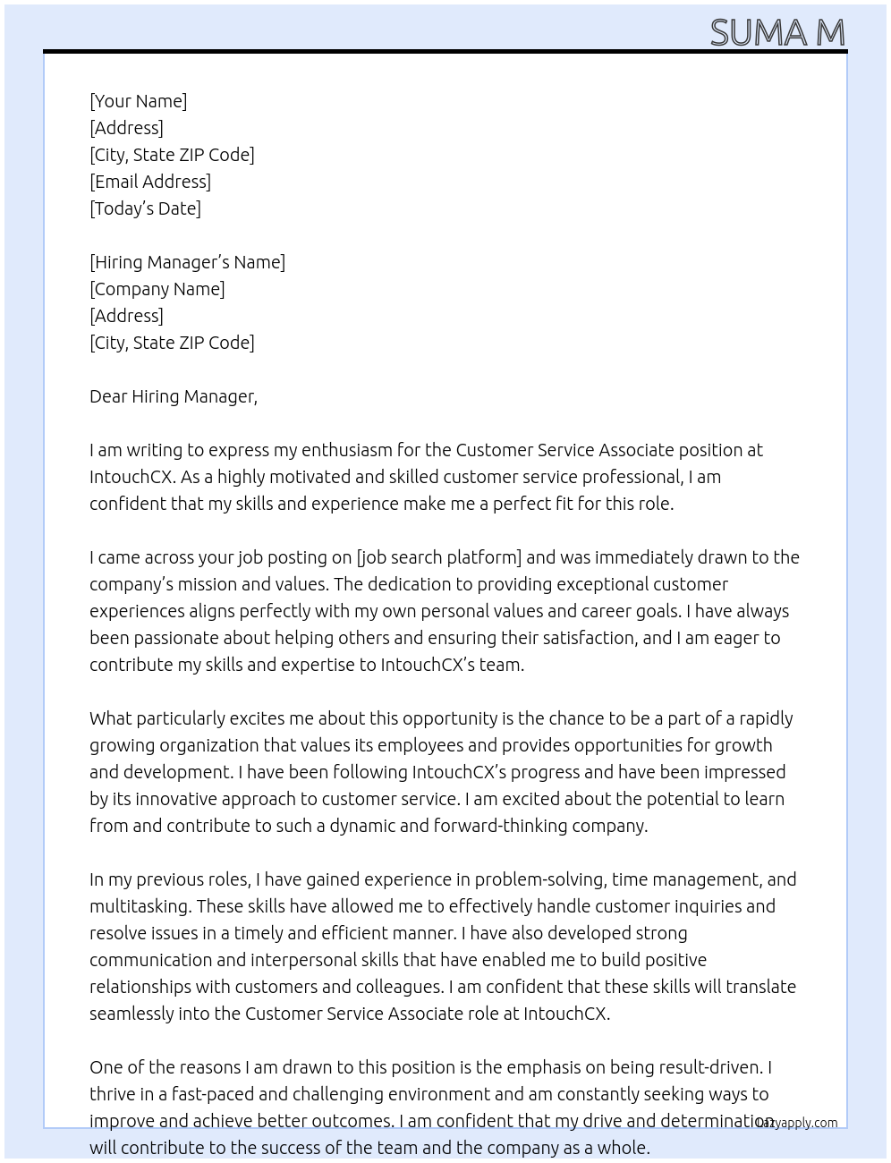 Customer Service Associate At IntouchCX Cover Letter