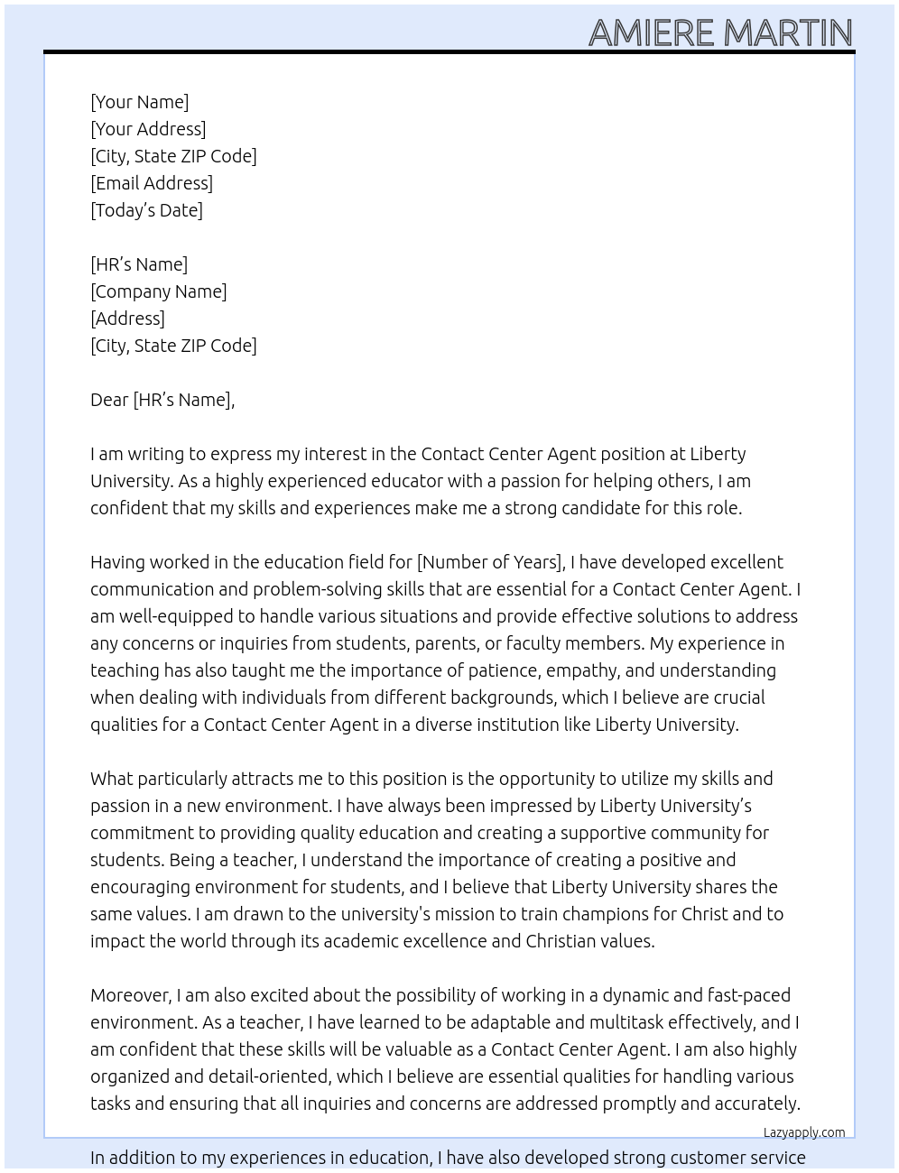 Contact Center Agent At Liberty University  Cover Letter