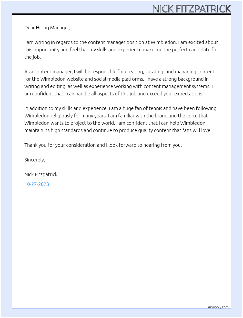 Content manager At Wimbledon Cover Letter