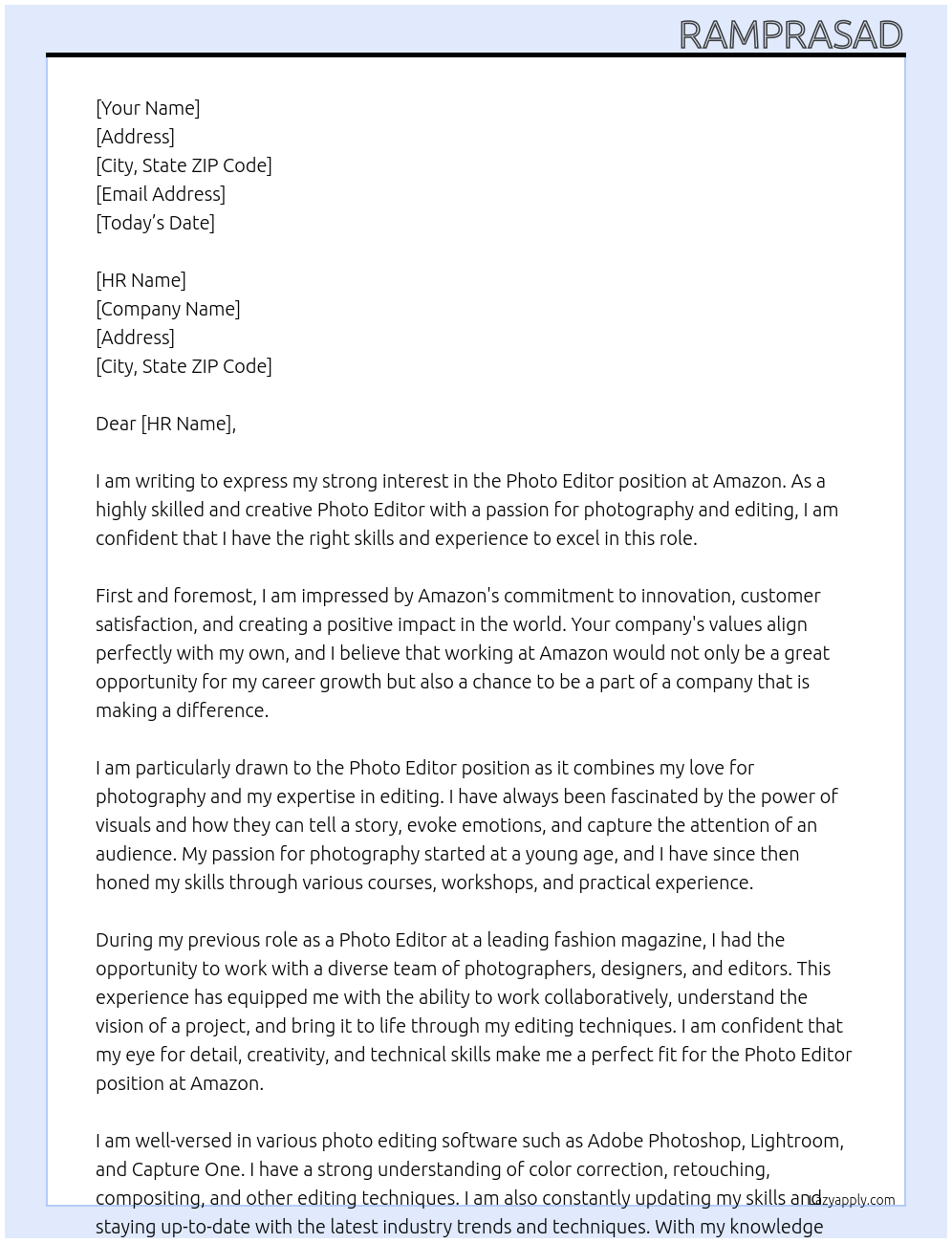 Photo Editor At Amazon Cover Letter