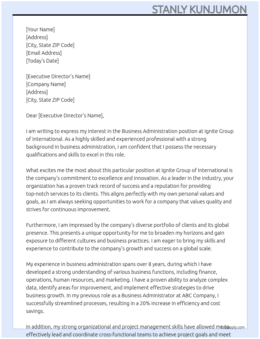 Business administration At Ignite group of international Cover Letter