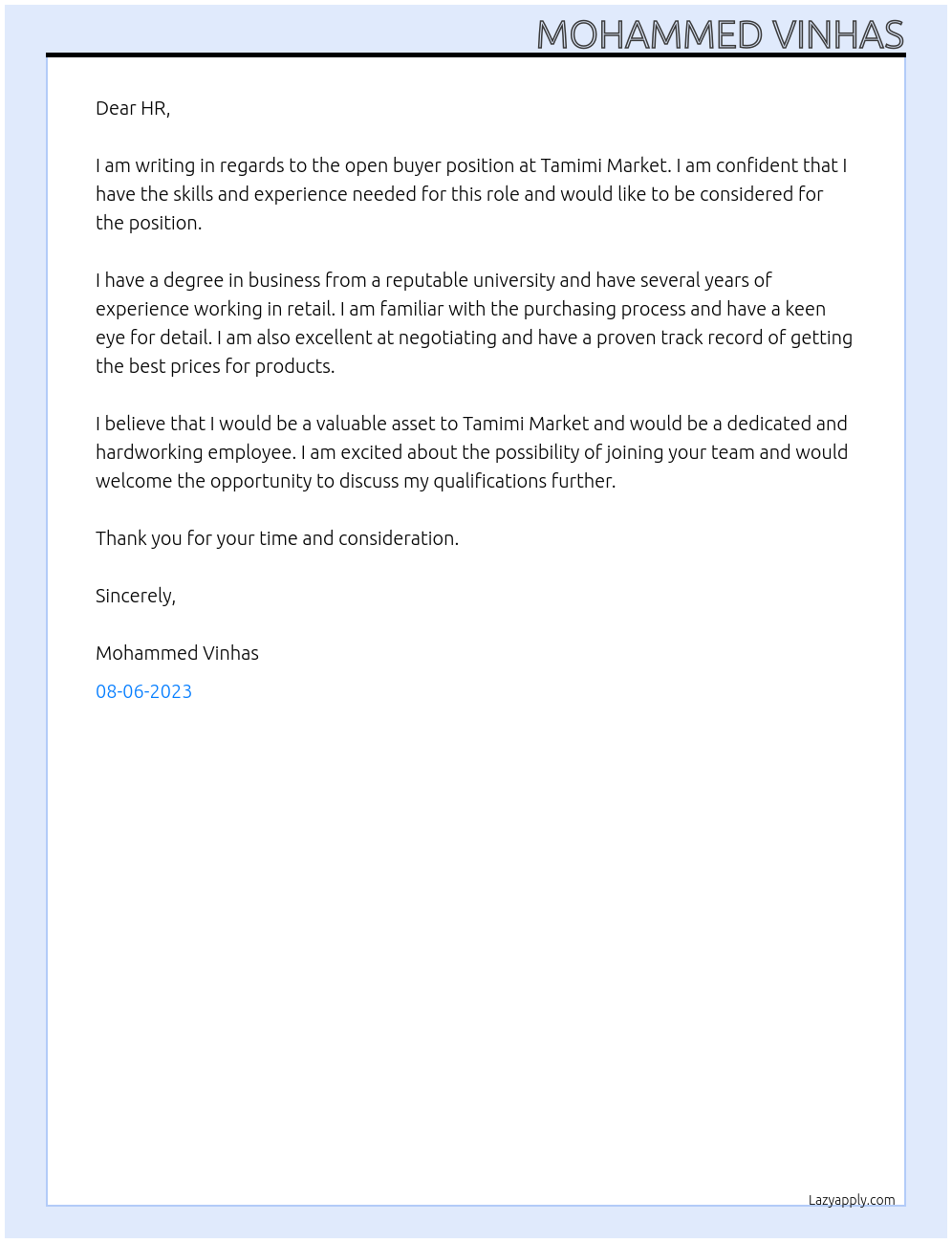 Buyer At Tamimi Market Cover Letter