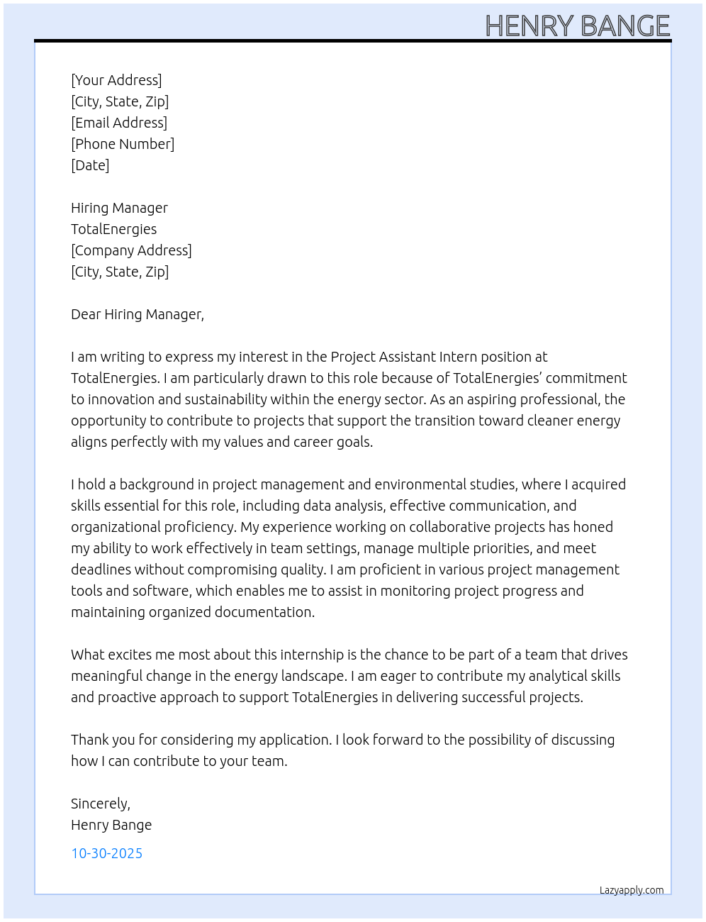 Project Assistant Intern At Totalenergies Cover Letter