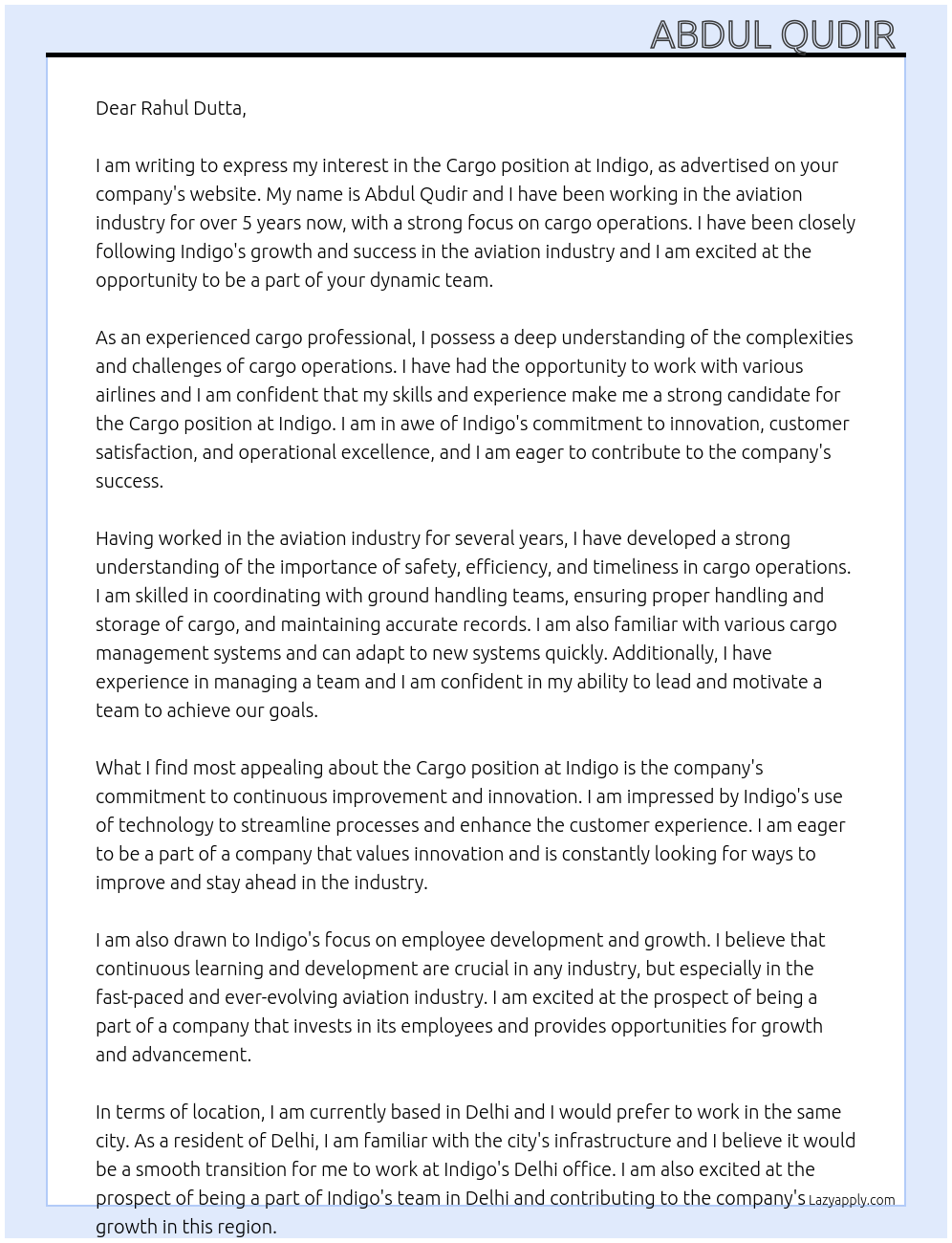Cargo At Indigo  Cover Letter