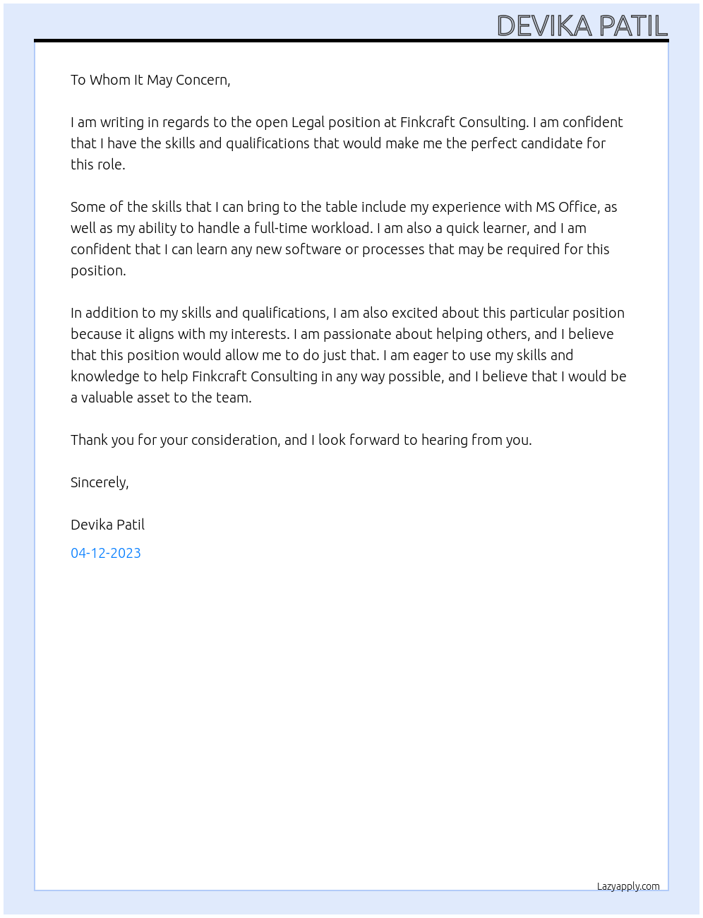 Legal At Finkcraft Consulting Cover Letter