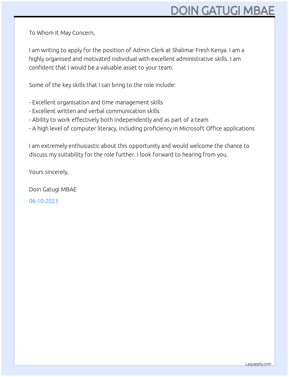 ADMIN CLERK At SHALIMAR FRESH KENYA Cover Letter