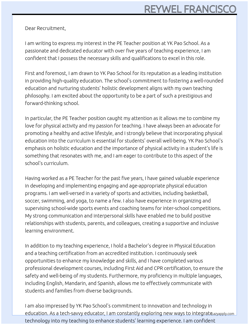 PE Teacher At YK Pao School Cover Letter