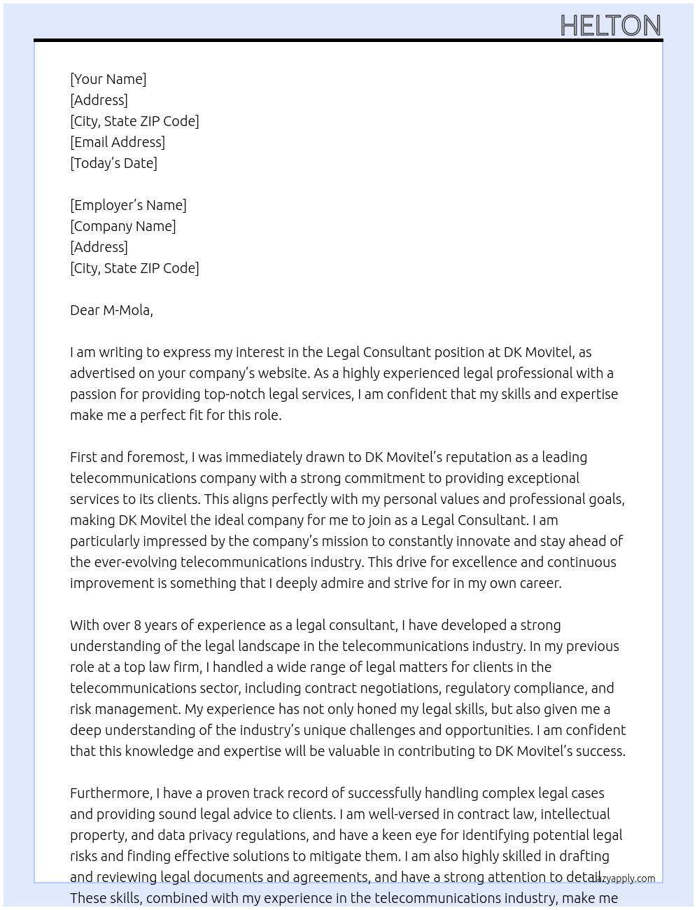 Legal consultant At DK Movitel Cover Letter