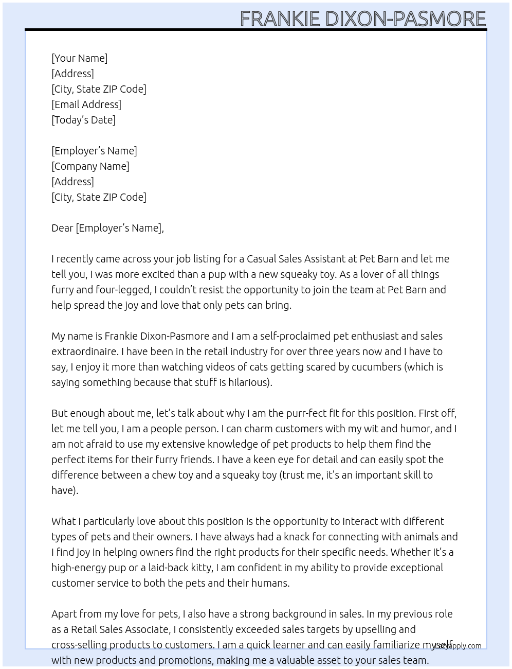 Casual Sales Assistant At Pet Barn Cover Letter