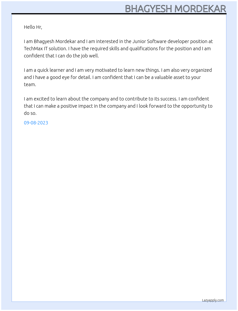 Junior Software developer At TechMax IT solution Cover Letter