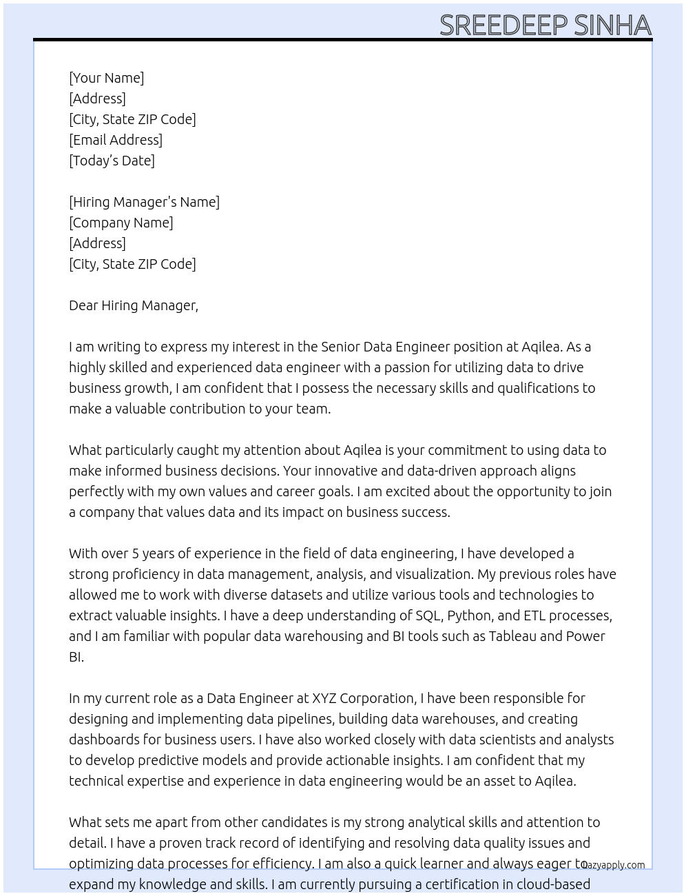 Senior Data Engineer At Aqilea Cover Letter