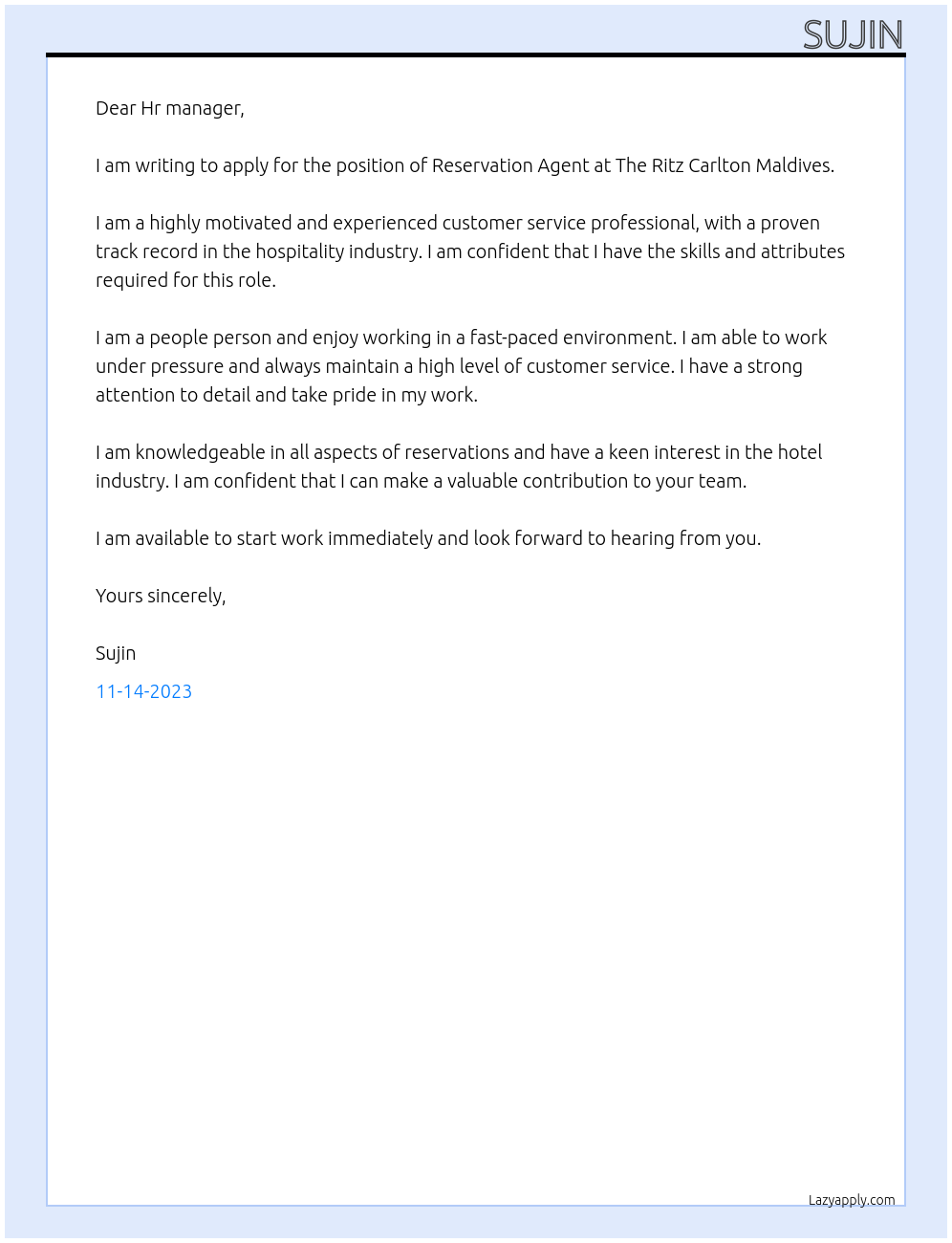 Reservation Agent  At The Ritz Carlton Maldives  Cover Letter