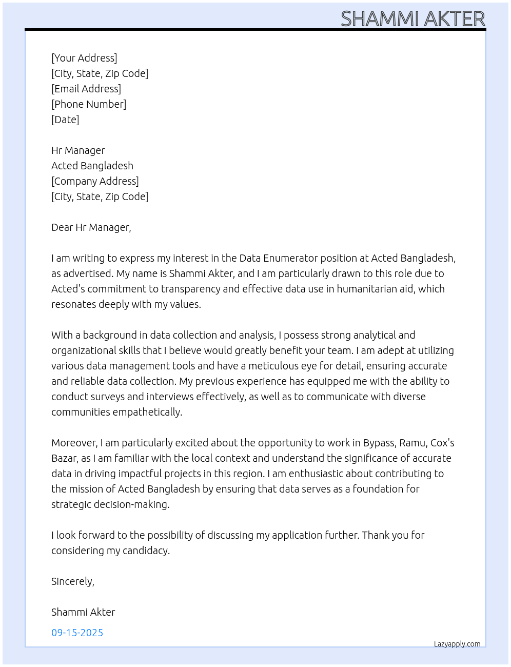 Cover letter for data enumerator - LazyApply