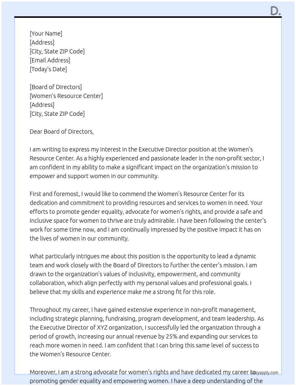 Executive Director At Women's Resource Center Cover Letter