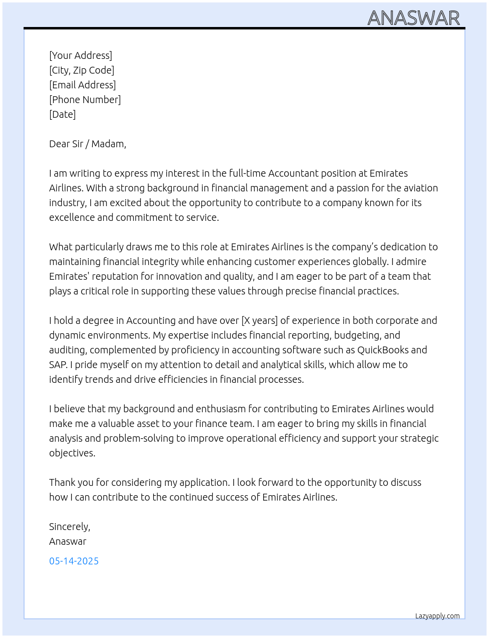 Accountant At EMIRATES AIRLINES  Cover Letter