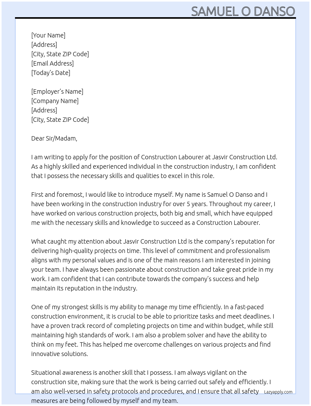 Construction labourer At Jasvir Construction Ltd Cover Letter