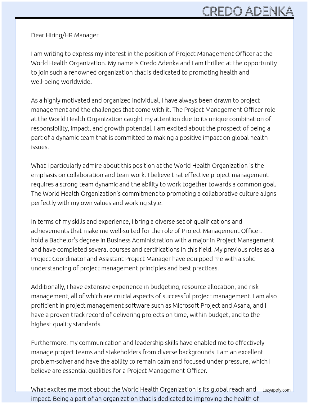 Project Management Officer At World Health Organization Cover Letter