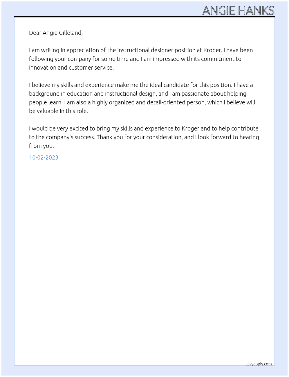 Instructional Designer At Kroger Cover Letter