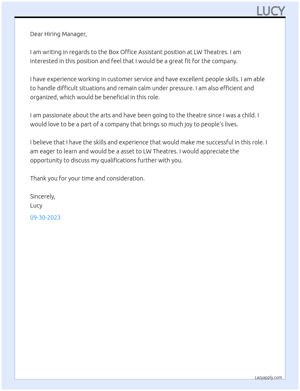 Box Office Assistant At LW Theatres Cover Letter