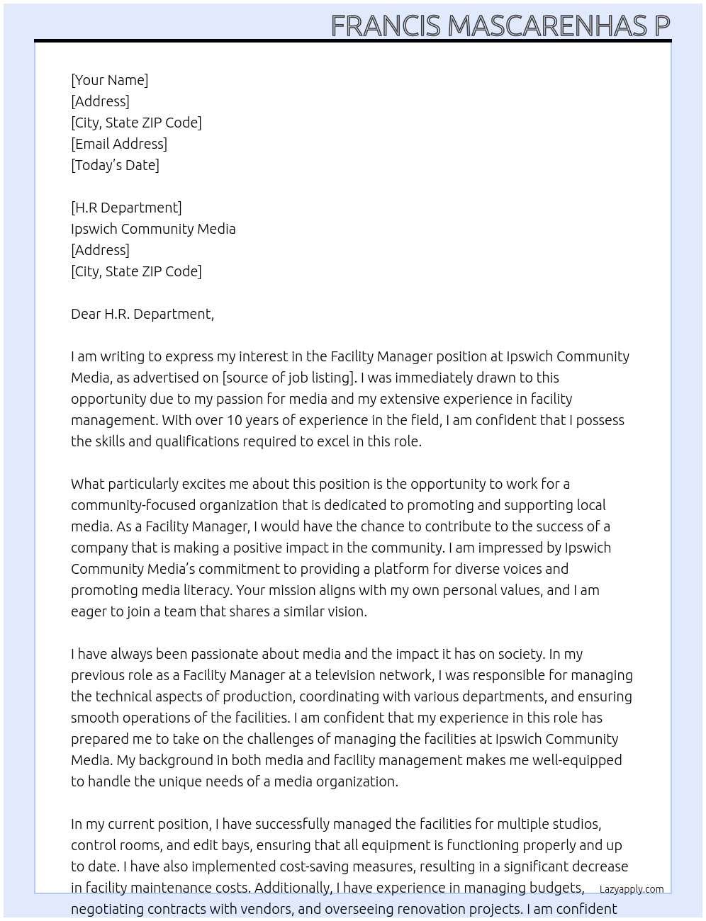 Facility Manager At Ipswich Community Media Cover Letter