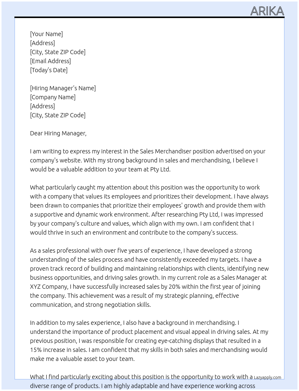 Sales Merchandiser At Pty Ltd Cover Letter