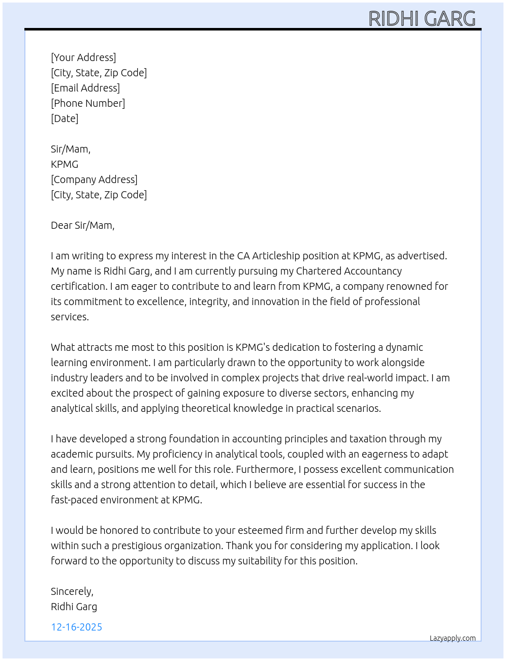 CA Articleship  At KPMG Cover Letter
