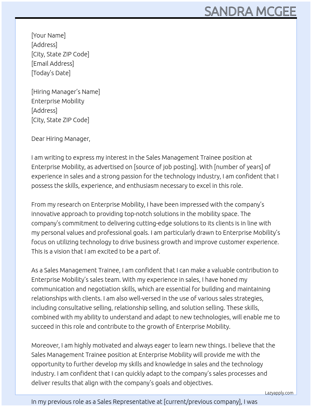 Cover letter for sales management trainee - LazyApply