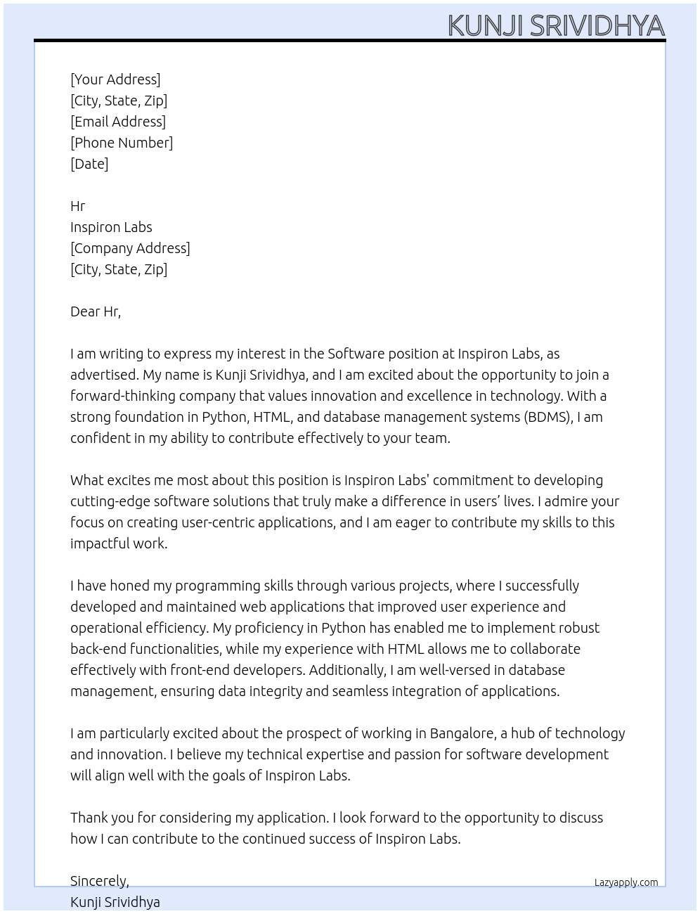 Software At Inspiron labs Cover Letter