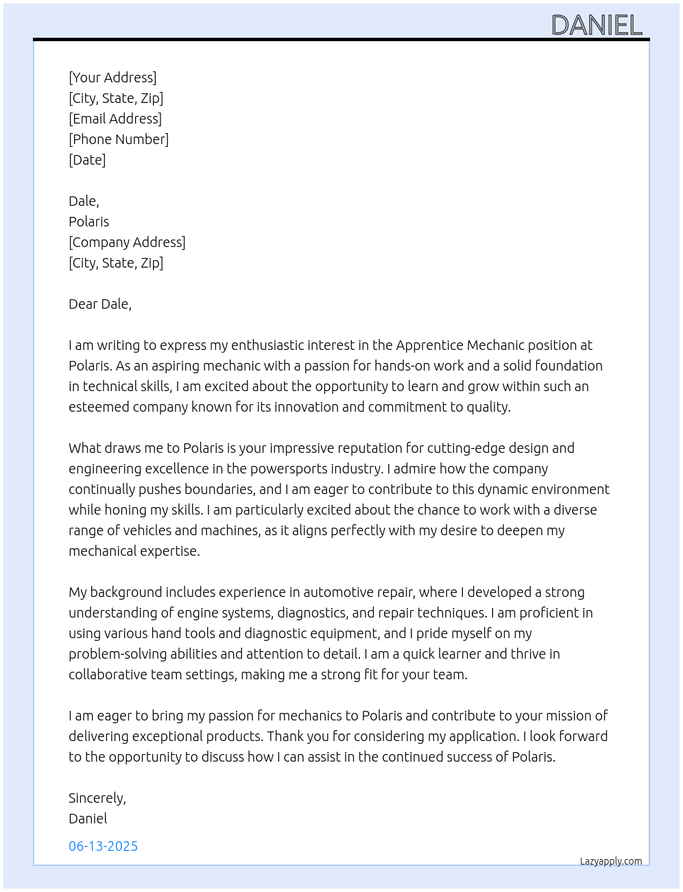 Cover letter for apprentice mechanic - LazyApply