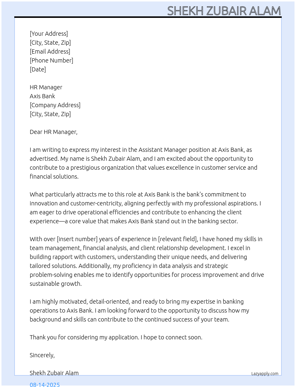 Assistant manager At Axis bank Cover Letter
