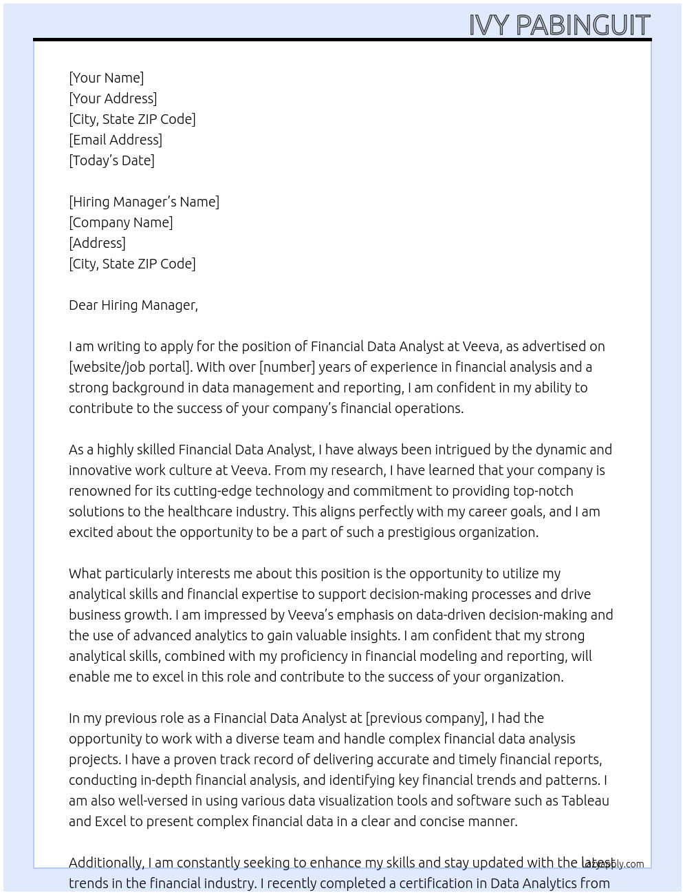 Financial Data Analyst At Veeva Cover Letter