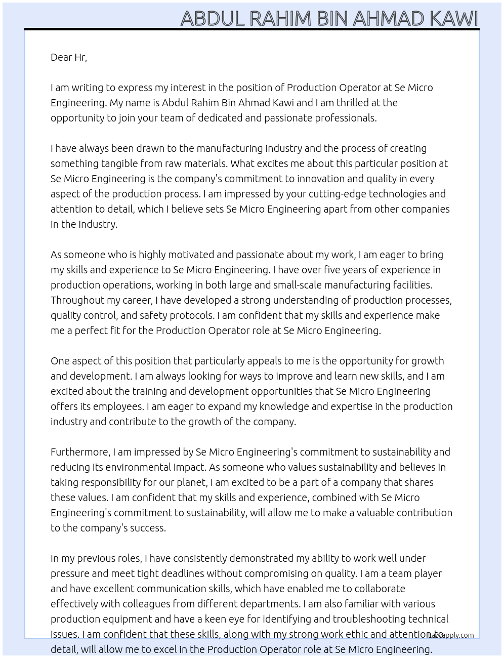 Production Operator At Se Micro Engineering Cover Letter