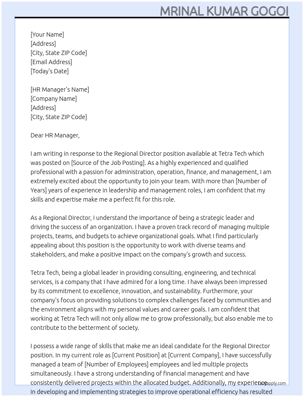 Regional Director At Tetra Tech Cover Letter