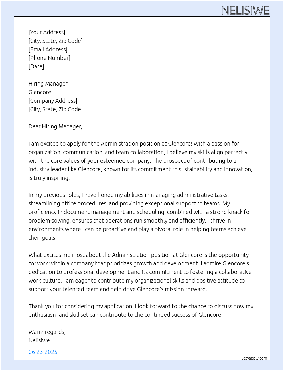 Administration At Glencore Cover Letter